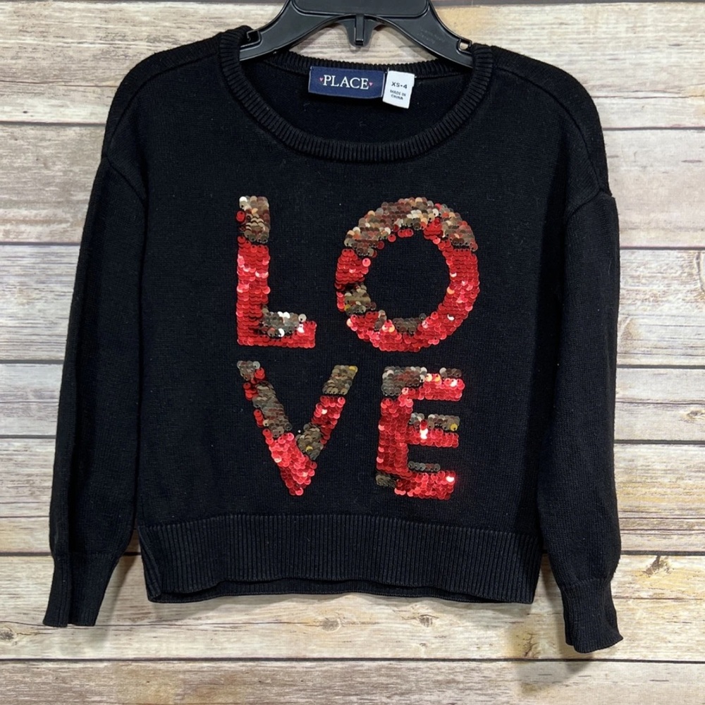 Girls LOVE Sequin Black Pullover Sweater The Children’s Place Size XS 4 Holiday